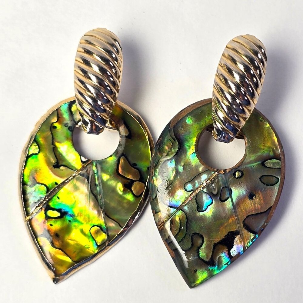 Vintage Abalone Shell Drop Earrings Gold Tone Pierced Iridescent Teardrop Dangle